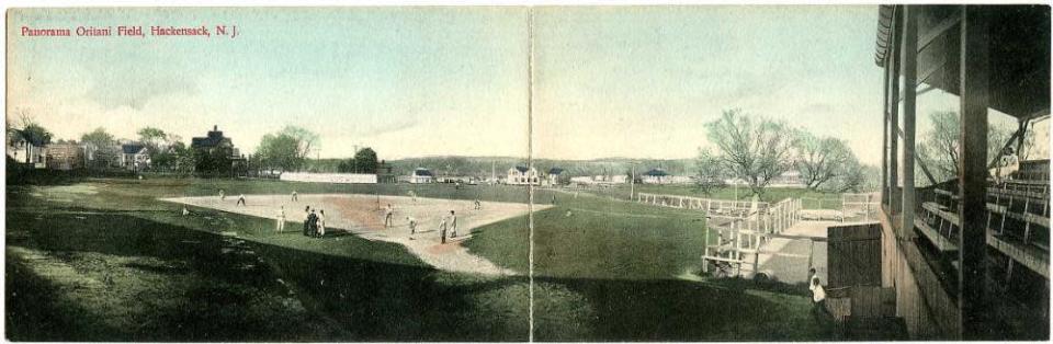 A postcard panorama shows Hackensack's former Oritani Field, where the 