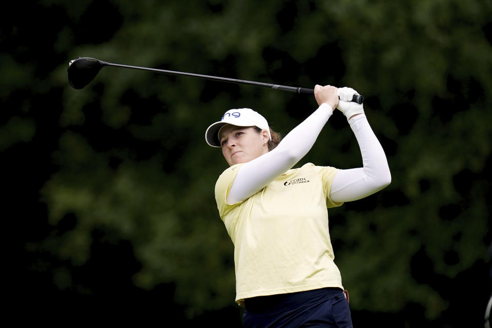 USA's Ally Ewing tees off the 7th during day three of the 2023 AIG Women's Open at Walton Heath, Surrey, England, Saturday, Aug. 12, 2023. (John Walton/PA via AP)