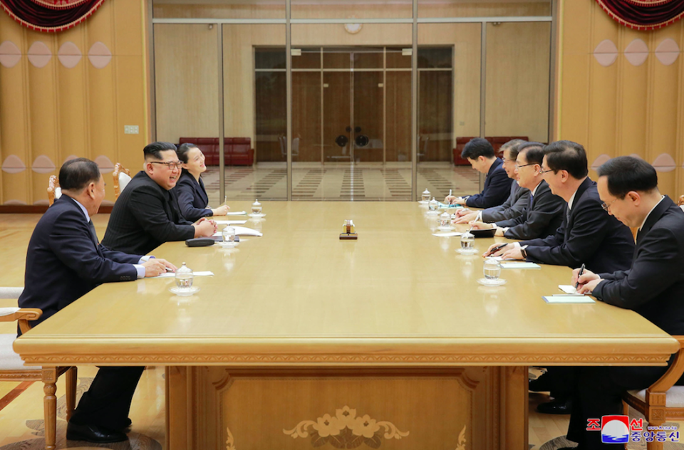 <em>Kim (second left) meets members of South Korean delegation in Pyongyang (AP)</em>
