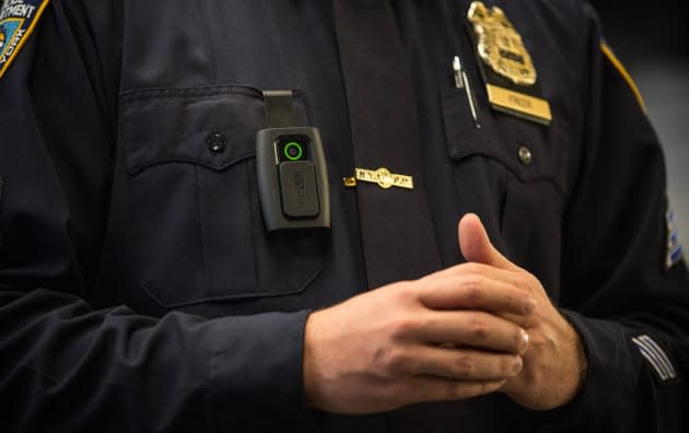 Mayor De Blasio Discusses Use Of Police Body Cameras At Police Academy In Queens