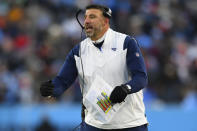 Tennessee Titans head coach Mike Vrabel speaks during the first half of an NFL divisional round playoff football game against the Cincinnati Bengals, Saturday, Jan. 22, 2022, in Nashville, Tenn. (AP Photo/John Amis)