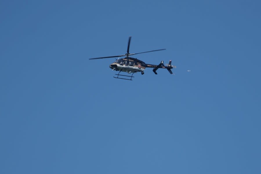 KENNETT SQUARE, PENNSYLVANIA – SEPTEMBER 08: A State Police helicopter hovers over the perimeter of a search zone for an escaped prisoner on September 08, 2023 in Kennett Square, Pennsylvania. Law officers, tactical teams, cops on horseback, tracking dogs, and aircraft are all searching for Danelo Souza Cavalcante, a 34-year-old from Brazil, who escaped from the Chester County Prison on Aug. 31. (Photo by Spencer Platt/Getty Images)