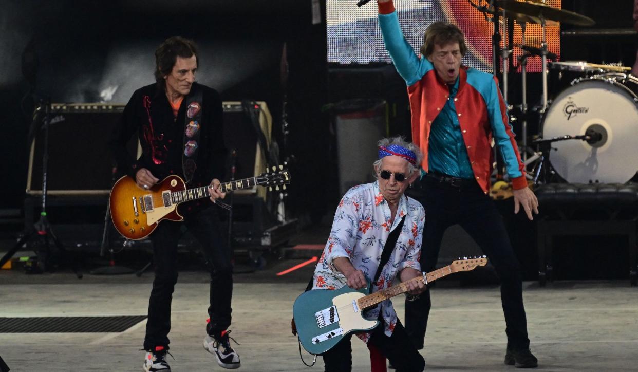  (from left) Ronnie Wood, Keith Richards and Mick Jagger perform at the Waldbuehne at Olympiapark in Berlin on August 3, 2022. 