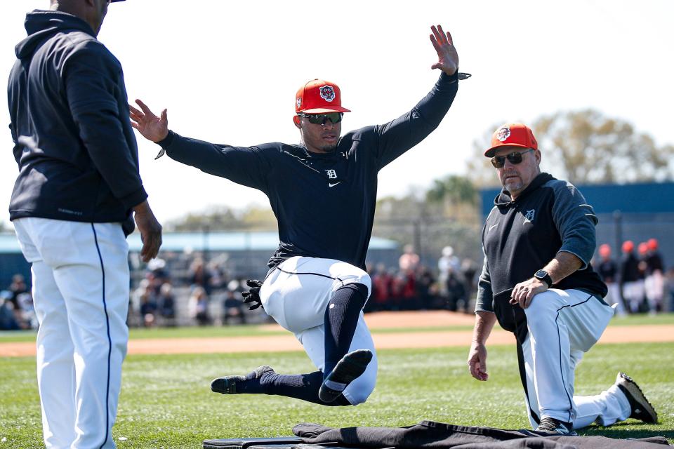 Detroit Tigers infielder Wenceel Pérez practices a drill during spring training at TigerTown in Lakeland, Fla. on Wednesday, Feb. 21, 2024.
