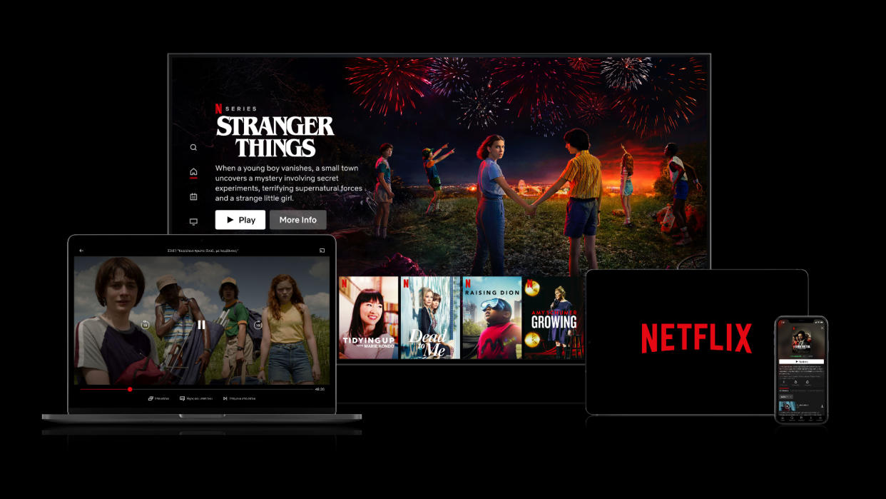  A collage of devices displaying the Netflix interface. 