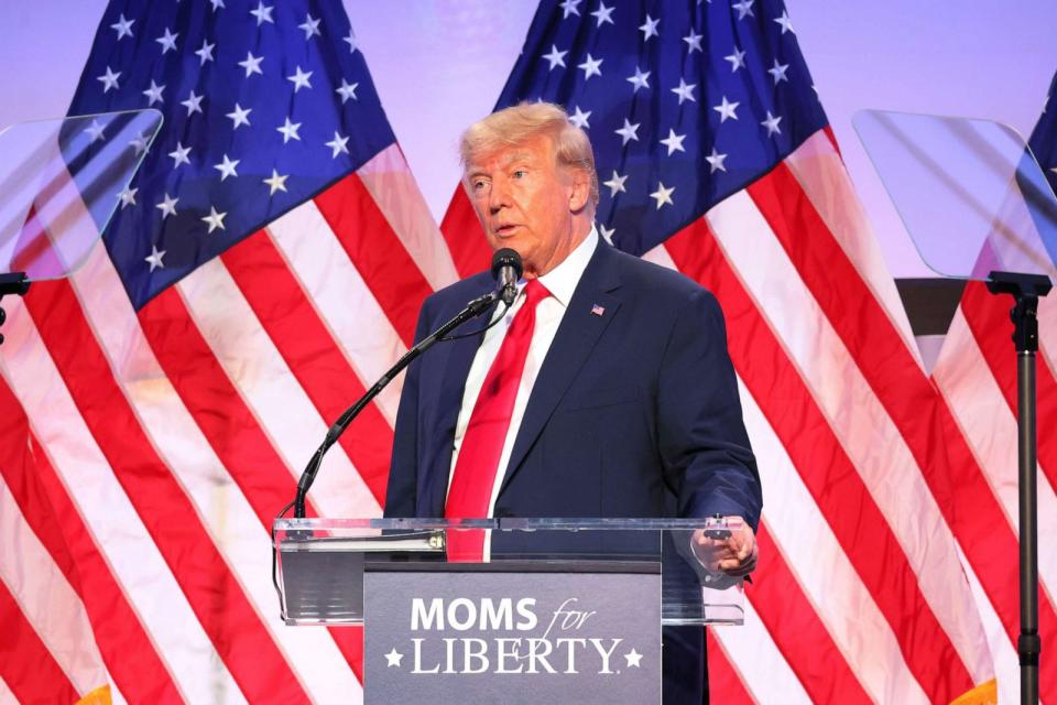 PHOTO: Republican presidential candidate former President Donald Trump speaks during the Moms for Liberty Joyful Warriors national summit at the Philadelphia Marriott Downtown, on June 30, 2023, in Philadelphia. (Michael M. Santiago/Getty Images)