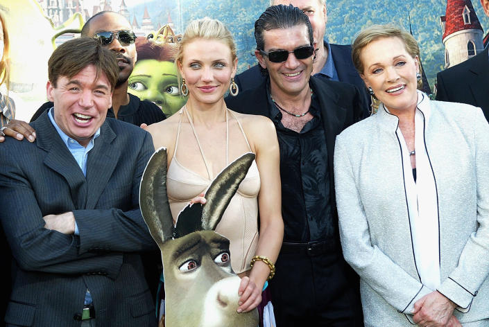 LOS ANGELES, CA - MAY 8:  (L to R) Actors Mike Myers, Cameron Diaz, Antonio Banderas and Julie Andrews attend the Los Angeles premiere of the Dreamworks Pictures&#39; film 