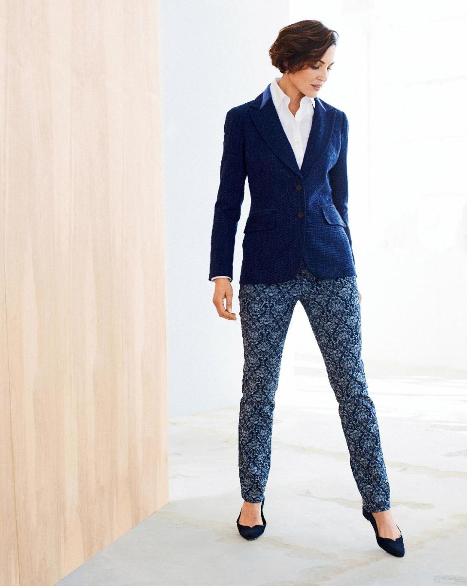 This publicity photo provided by Coldwater Creek shows a model wearing a No-iron Perfect Shirt plus Atlantic Tweed jacket and indigo jacquard slim leg jeans. Celebrity stylist Cristina Ehrlich, a style adviser to Coldwater Creek, says layers are the way to go as long as the overall look is relaxed look without being sloppy. On the flip side, tailored is good, but too buttoned-up is not. (AP Photo/Coldwater Creek)