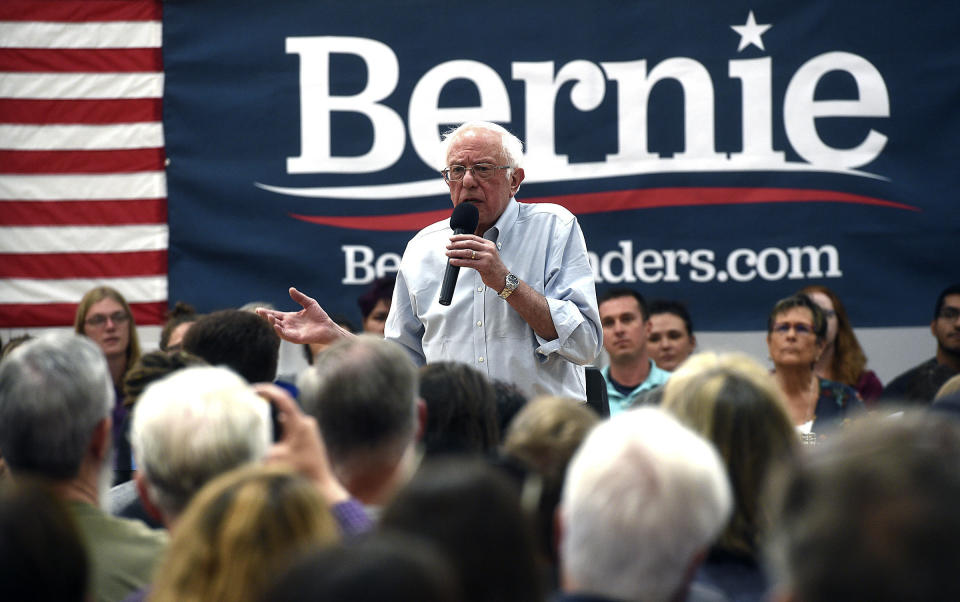 FILE - In this Sept. 13, 2019 file photo, Democratic presidential candidate Sen. Bernie Sanders speaks during a campaign stop at the Carson City Community Center Gymnasium in Carson City, Nev. (Jason Bean/The Reno Gazette-Journal via AP)