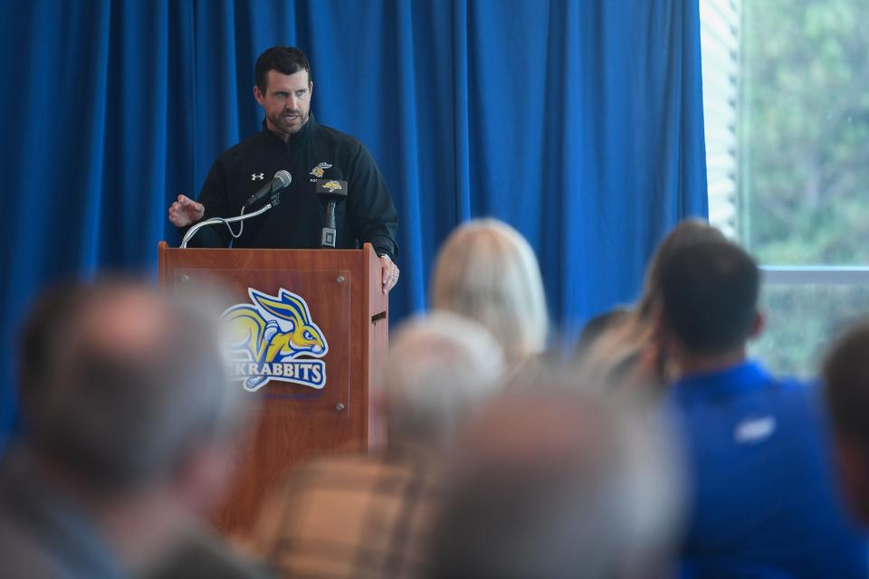 SDSU head coach Jimmy Rogers speaks during media day at Dana J. Dykhouse Stadium in Brookings, South Dakota on Monday, August 14, 2023.