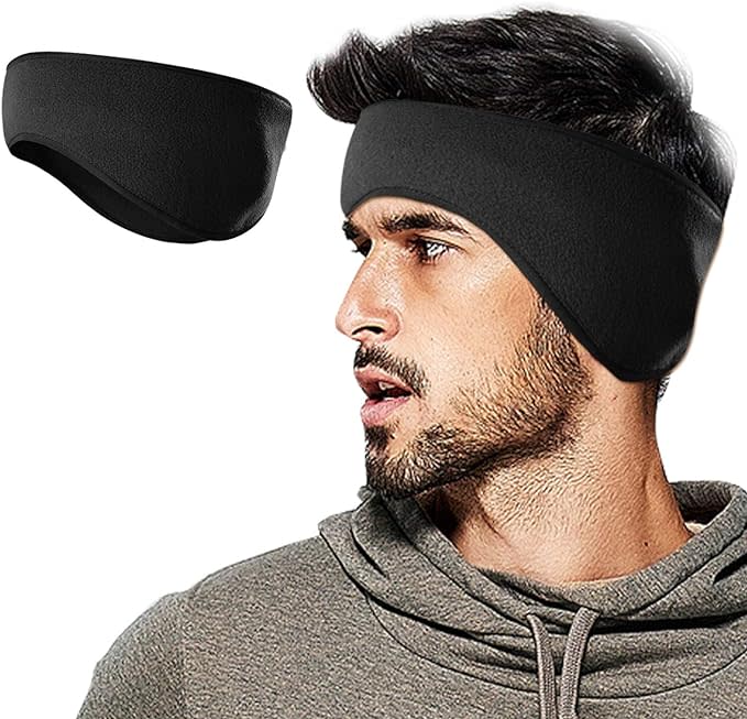 model wearing black fleece ear warmer with gray hoodie