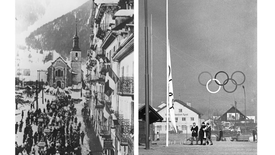 LEFT: Delegates of the competing nations gathered near Saint-Michel Church and the Hotel de Ville for the opening ceremony of the 1924 Winter Olympics in Chamonix, France, 25th January 1924. 
RIGHT: The Olympic flag flies at half staff at Olympic Village in Innsbruck, Austria on Jan. 23, 1964 following the death of Kazimerz Kay-Skrzypeski on January 22, 50-year-old British Olympic competitor in a tobogganing accident. Kay-Skrzypeski, a polish-born British citizen who fled Nazi-occupied Poland in 1924, died 24 hours after he was injured when his sled careened off the chute in a practice run.