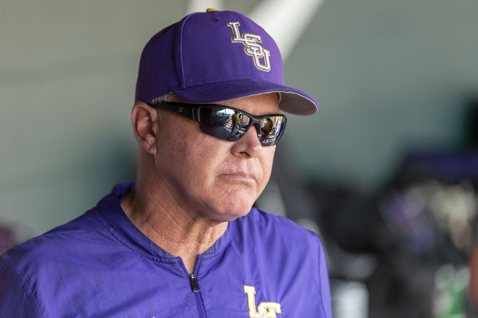 File-This April 28, 2019, file photo shows LSU head coach Paul Mainieri pacing in the dugout during an LSU at Alabama NCAA college baseball game in Tuscaloosa, Ala. LSU is the sentimental favorite of many college baseball fans for as long as the Tigers keep going. Their coach, active career wins leader Mainieri, announced before the tournament he would retire after this season. (AP Photo/Vasha Hunt, File)