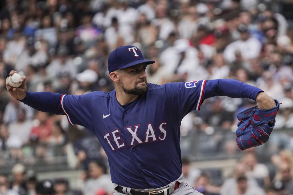 Texas Rangers pitcher Nathan Eovaldi delivers the ball during the first inning of a baseball game against the New York Yankees, Sunday, June 25, 2023, in New York. (AP Photo/Bebeto Matthews)
