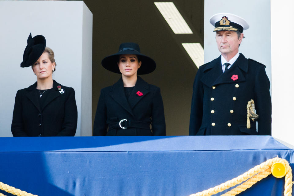 LONDON, UNITED KINGDOM - November 10, 2019: (L-R) Sophie, Countess of Wessex, Meghan, Duchess of Sussex and Vice Admiral Timothy Laurence attend the National Service of Remembrance at the Cenotaph on 10 November, 2019 in London, England, held annually to commemorate military personnel who died in the line of duty on the anniversary of the end of the First World War.- PHOTOGRAPH BY Wiktor Szymanowicz / Barcroft Media (Photo credit should read Wiktor Szymanowicz / Barcroft Media via Getty Images)