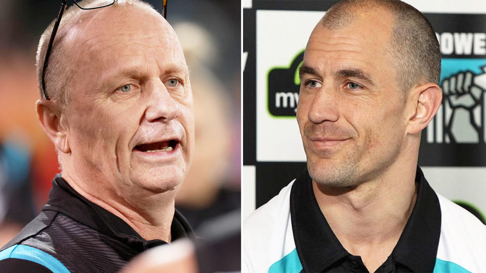 Pictured right is Port Adelaide great Warren Tredrea and Power coach Ken Hinkley on the left.