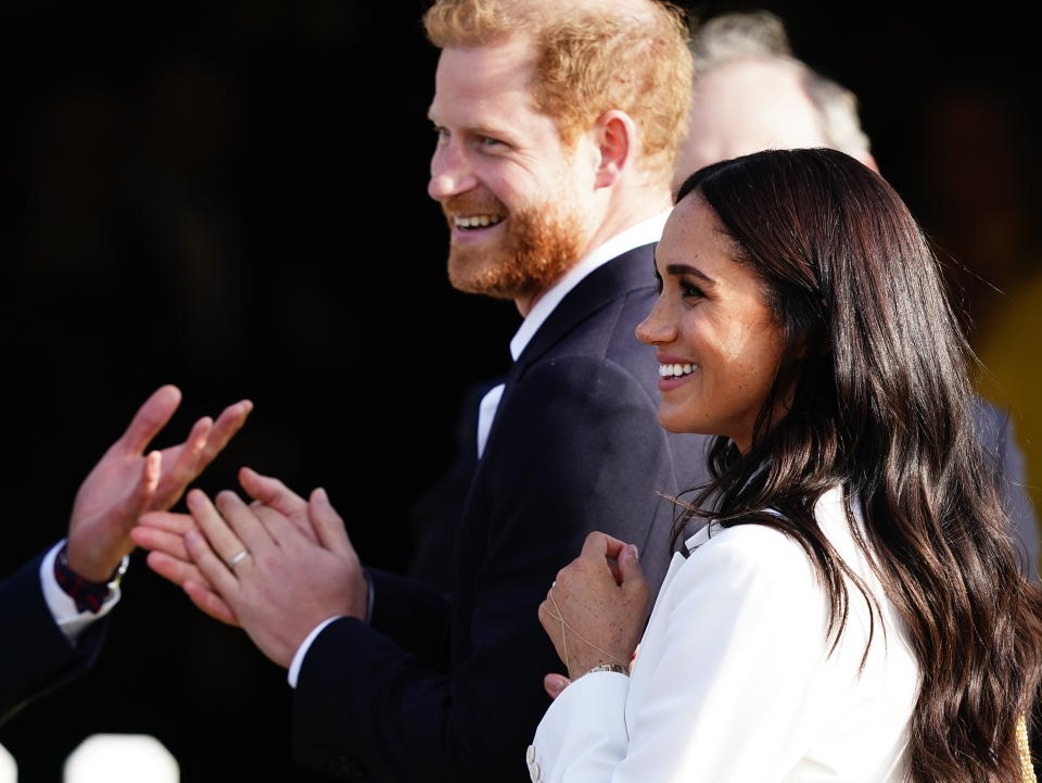 The Duke and Duchess of Sussex attending a reception, hosted by the City of The Hague and the Dutch Ministry of Defence, celebrating the forthcoming Invictus Games, at Nations Home, Invictus Games Park (Zuiderpark), in The Hague. Picture date: Friday April 15, 2022. (Photo by Aaron Chown/PA Images via Getty Images)