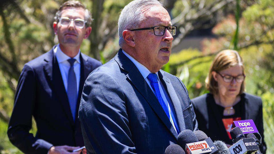 Brad Hazzard, pictured here speaking to the media in Sydney alongside Dominic Perrottet.