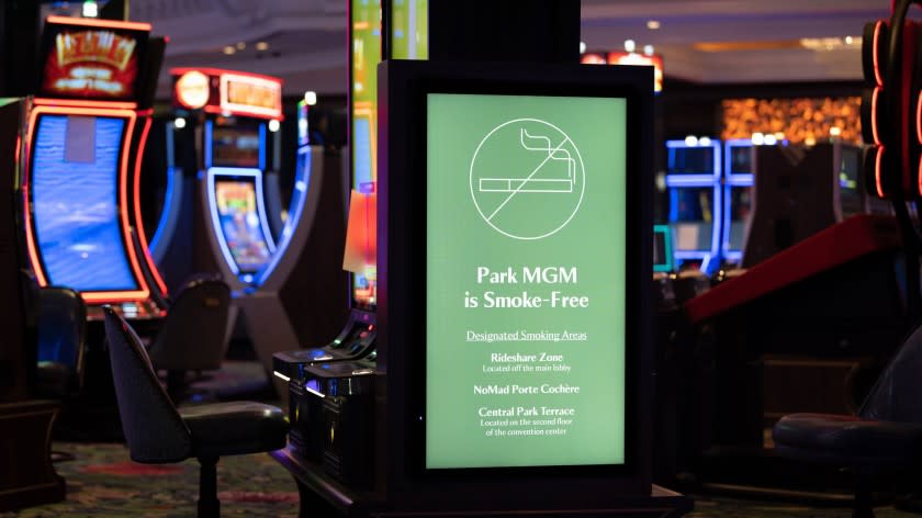 A sign on the smoke-free gaming floor at Park MGM directs guests to various outdoor locations where they can light up. When it reopens September 30, the resort will be the first one along The Strip to fully ban smoking. (MGM Resorts)