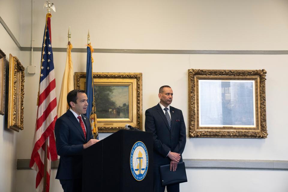 Sep 26, 2023; Paterson, NJ, USA; (Left) NJ Attorney General Matthew Platkin speaks during an event at which (center) Paterson PD officer in charge Isa Abbassi unveiled his strategic plan for city law enforcement at the Paterson Public Library. Mandatory Credit: Michael Karas-The Record