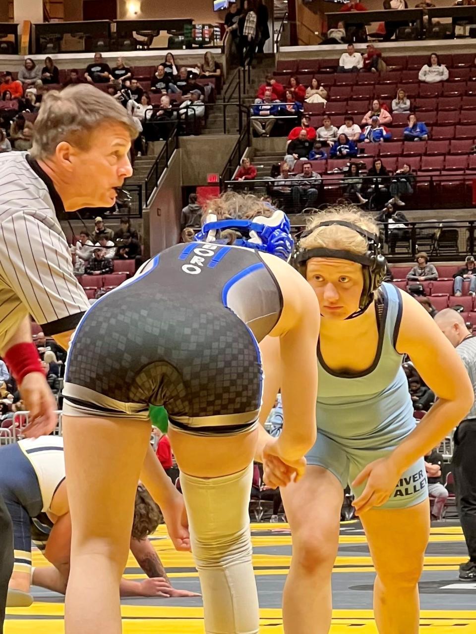 River Valley's Lila Mencer gets ready to face her opponent for fifth place in the state during this year's girls state tourney at Ohio State's Schottenstein Center. Mencer went 35-9, made academic All-Ohio and was RV's most valuable wrestler for 2022-23.