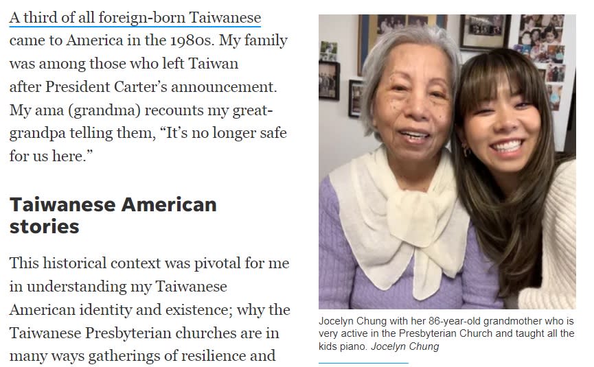 台裔藝術家鍾尚潔（右）與她86歲的阿嬤開心合影，在接受《今日美國》專訪中，她表示從阿嬤身上，看到一直以身為台灣人為傲的堅韌。&nbsp;&nbsp;&nbsp;圖：翻攝自《今日美國》