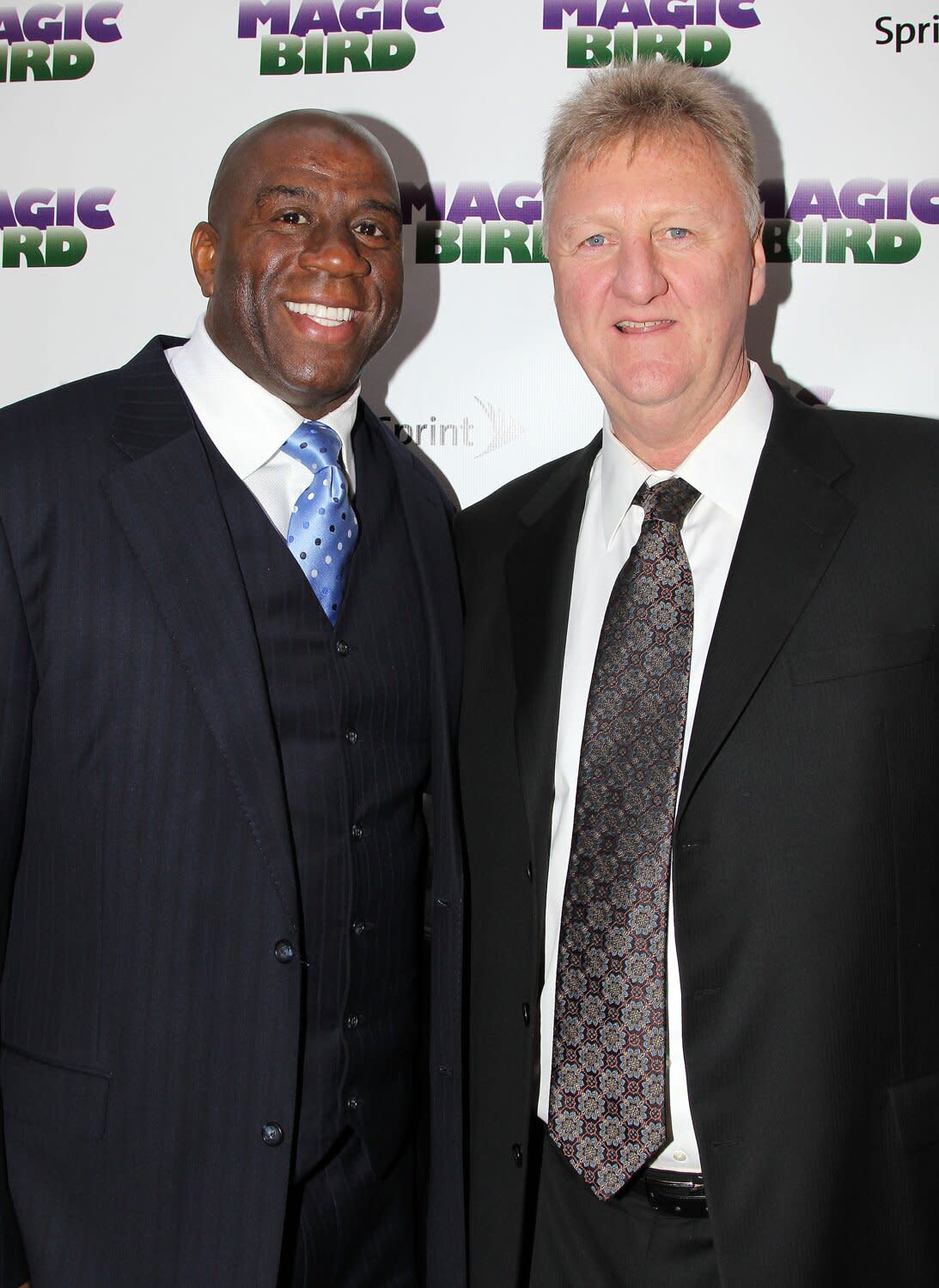 Magic Johnson and Larry Bird attend the "Magic/Bird" Broadway opening night at the Longacre Theatre on April 11, 2012 in New York City.