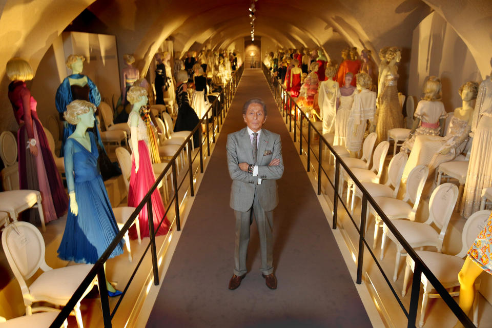 LONDON, ENGLAND - NOVEMBER 28: Fashion designer Valentino Garavani poses beside exhibits during a press preview of the 'Valentino: Master of Couture' exhibition at Somerset House on November 28, 2012 in London, United Kingdom. Celebrating the life and work of the Italian master couturier, the show features over 130 hand crafted designs worn by Hollywood icons and Royalty. The exhibition runs from November 29, 2012 - March 3, 2013. (Photo by Peter Macdiarmid/Getty Images for Somerset House)