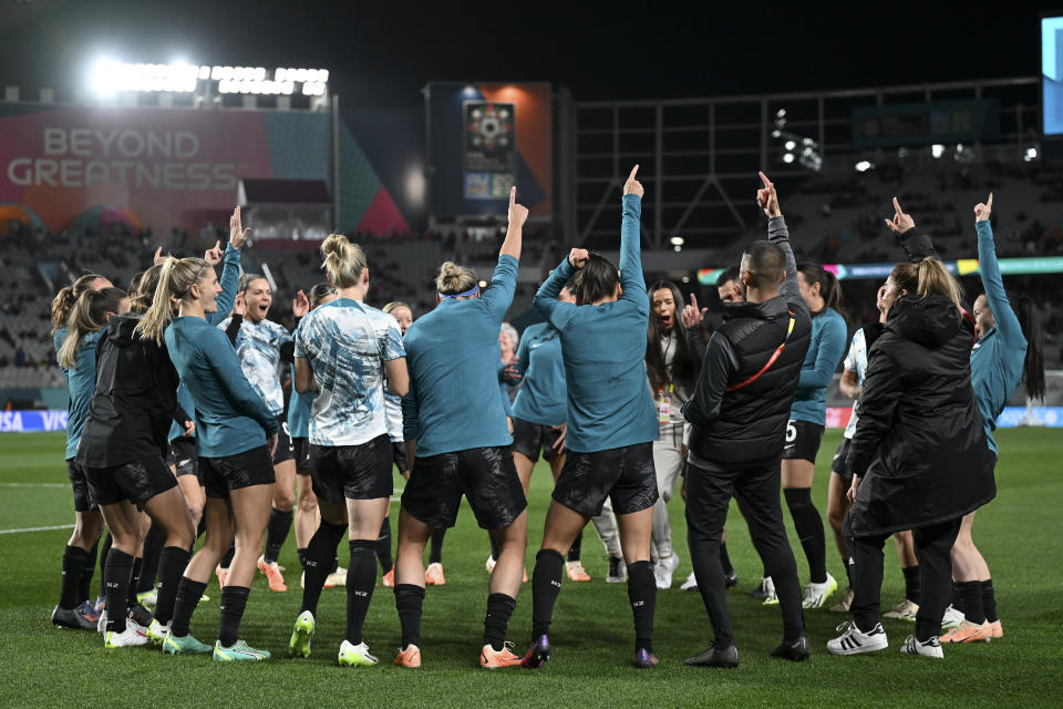 New Zealand players warm-up before the Women's World Cup soccer match between New Zealand and Norway in Auckland, New Zealand, Thursday, July 20, 2023. (AP Photo/Andrew Cornaga)