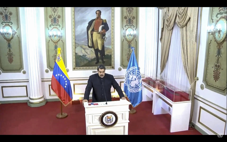 In this UNTV image, Nicolás Maduro Moros, President of Venezuela, speaks in a pre-recorded video message during the 75th session of the United Nations General Assembly, Wednesday, Sept. 23, 2020, at UN Headquarters. The U.N.'s first virtual meeting of world leaders started Tuesday with pre-recorded speeches from heads-of-state, kept at home by the coronavirus pandemic. (UNTV via AP)