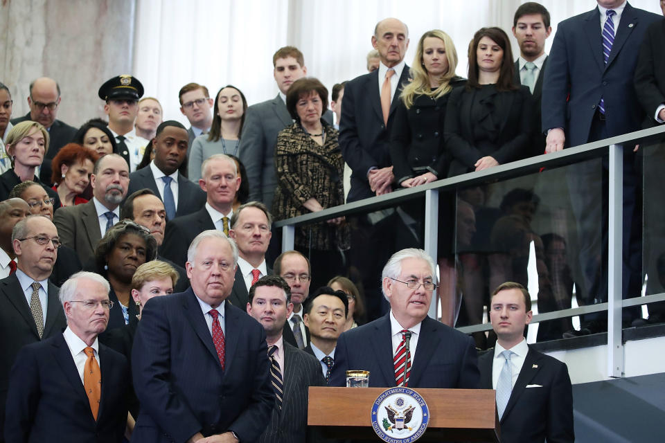 Secretary of State Rex Tillerson speaks to State Department employees on Feb. 2, 2017, the day after he was confirmed by the Senate. (Photo: Mark Wilson/Getty Images)