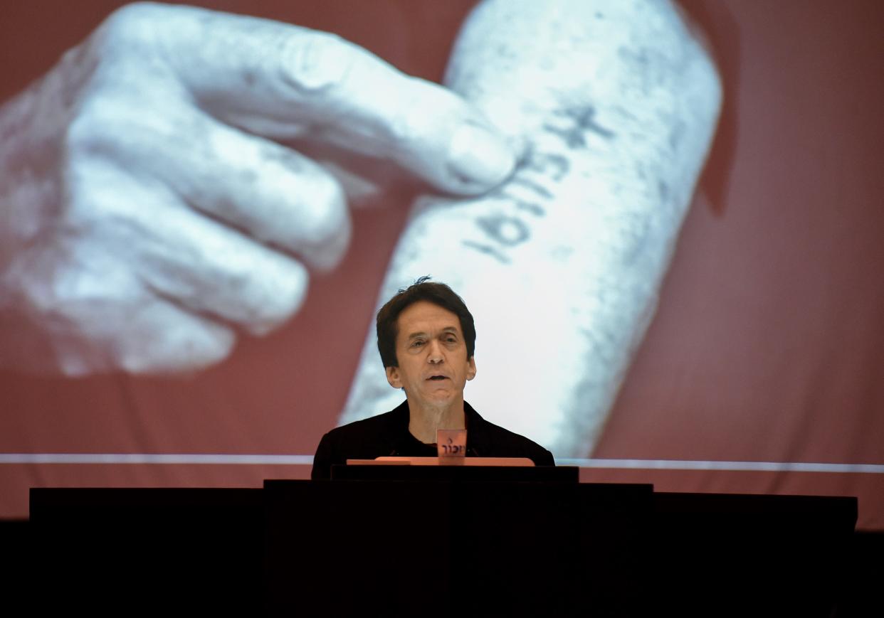 Mitch Albom, a best-selling author, talks about the horrors of the Holocaust while speaking to his audience about his new book, 'The Little Liar,' as part of the Rappaport Center Speaker Series at Temple Beit HaYam on Wednesday, Jan. 24, 2024, in Stuart.