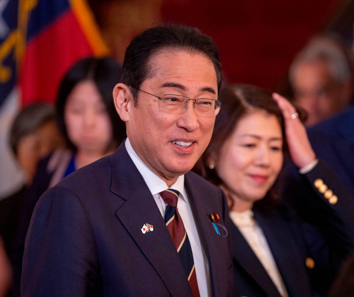 Japanese Prime Minister Fumio Kishida and First Lady Yuko Kishida arrive at the North Carolina Executive mansion for a luncheon in his honor on Friday, April 12, 2024 in Raleigh, N.C. Robert Willett/rwillett@newsobserver.com