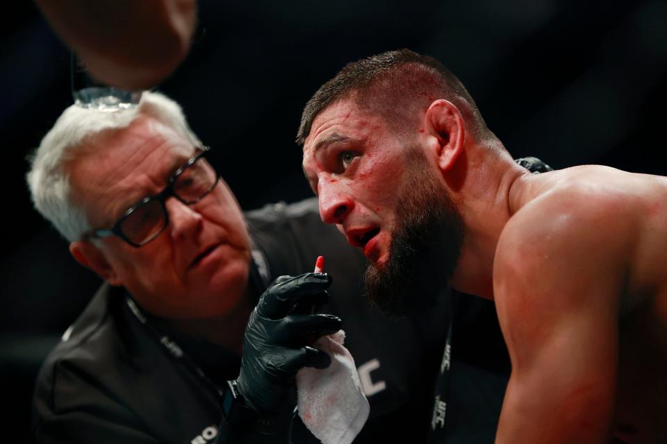 Khamzat Chimaev looks on from his corner during a welterweight bout against Gilbert Burns April 9, 2022, during UFC 273 at VyStar Veterans Memorial Arena in Jacksonville. Chimaev won by unanimous decision.