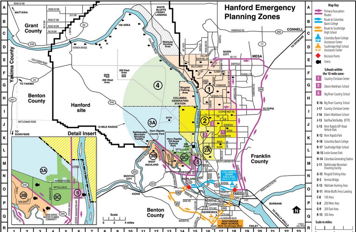 The emergency planning zones for a radiation release incident at the Columbia Generating Station or Hanford Site. Courtesy: Franklin County Emergency Management