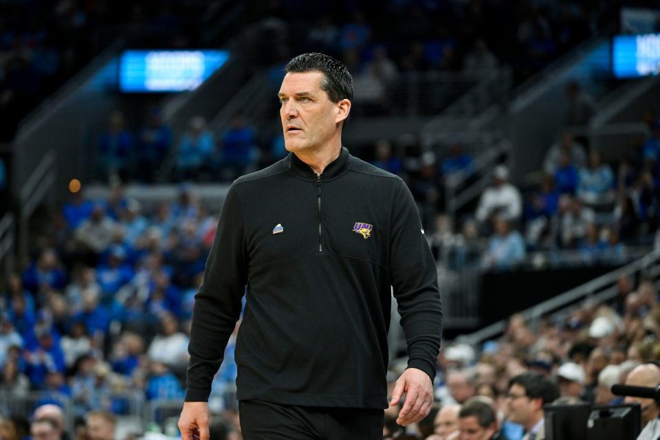 Mar 9, 2024; St. Louis, MO, USA; Northern Iowa Panthers head coach Ben Jacobson looks on against the Indiana State Sycamores during the first half of the Missouri Valley Conference Tournament semifinal game at Enterprise Center. Mandatory Credit: Jeff Curry-USA TODAY Sports