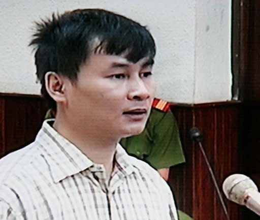 Reporter and blogger Nguyen Van Hai speaks during the opening of his trial at Hanoi's people court in 2008. He and two other high-profile bloggers are currently awaiting trial in Ho Chi Minh City for "propaganda against the state"