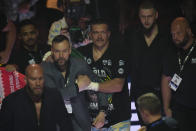 Ukraine's Oleksandr Usyk leaves the ring after beating Britain's Tyson Fury in their undisputed heavyweight world championship boxing fight at the Kingdom Arena in Riyadh, Saudi Arabia, Sunday, May 19, 2024. (AP Photo/Francisco Seco)