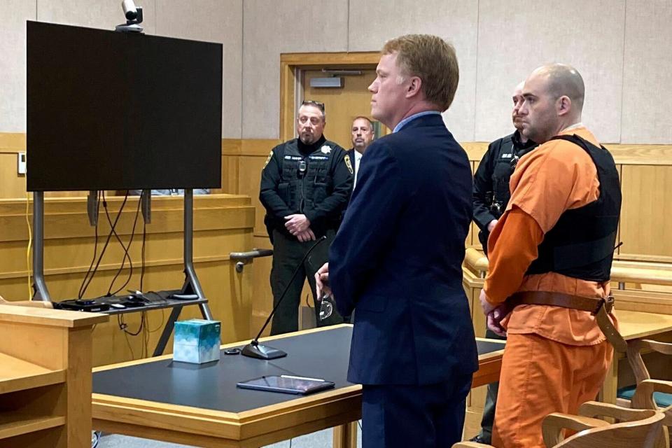 Joseph Eaton, the suspect in a shooting spree in Maine, appears in court in West Bath, Maine, Thursday, April 20, 2023 (AP)