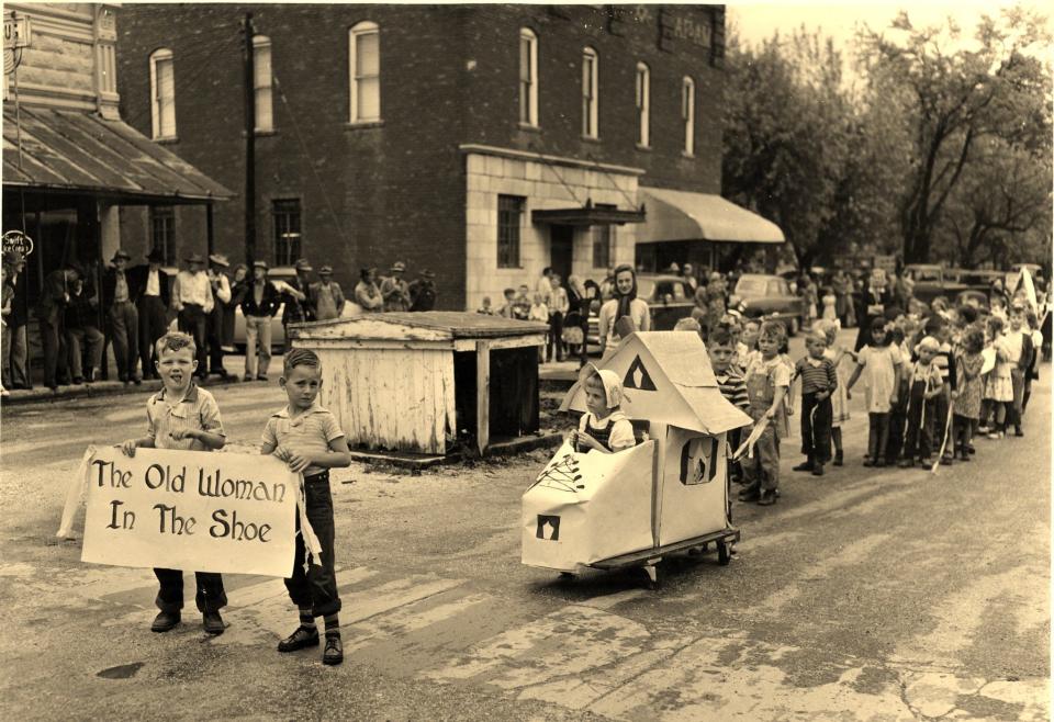 Rogersville students participate in a carnival parade in downtown Rogersville in 1949.