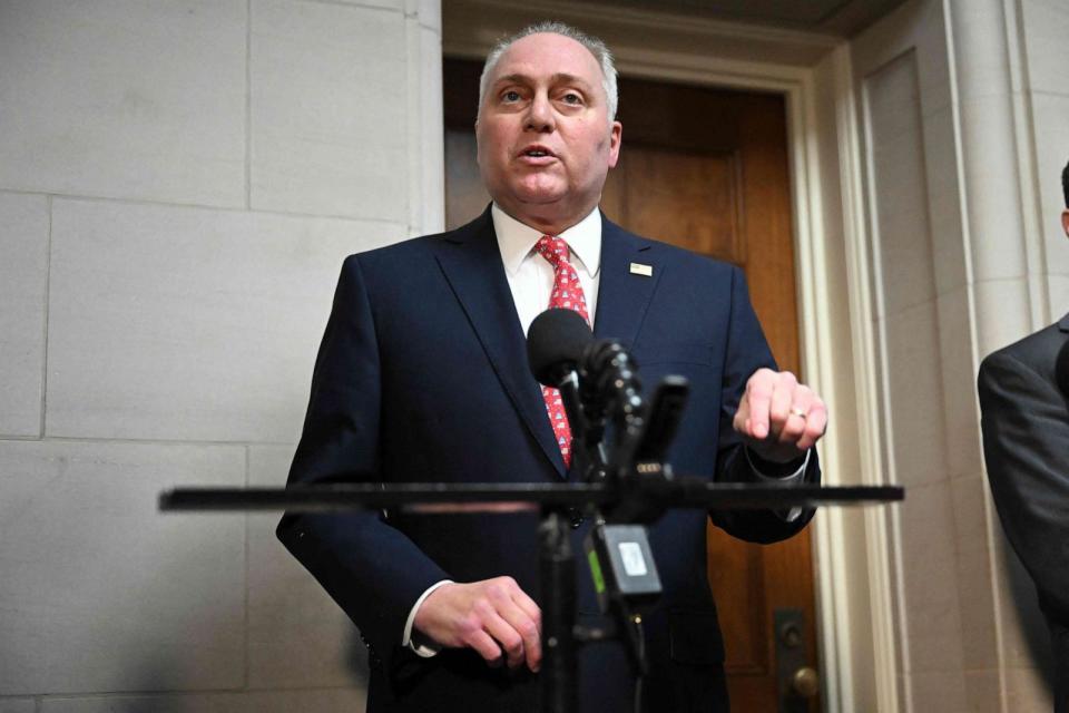 PHOTO: House Majority Leader Steve Scalise speaks to reporters outside a candidate forum with House Republicans to hear from members running for speaker in the Longworth House Office Building on Capitol Hill, Oct. 10, 2023. (Saul Loeb/AFP via Getty Images)