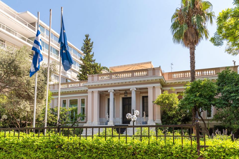 The exterior of Maximos Mansion, the office of the Greek prime minister, located near Syntagma Square in central Athens, on what used to be the gardens of the Greek royal family.