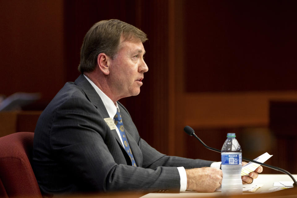 State Rep. Jesse Petrea, R-Savannah, presents HB 1105, which would penalize sheriffs who don't coordinate with federal immigration authorities, to the House Public Safety and Homeland Security Committee at the Paul D. Coverdell Legislative Office Building in Atlanta, Tuesday, Feb. 27, 2024. Petrea is the sponsor of the bill which passed the committee. (Arvin Temkar/Atlanta Journal-Constitution via AP)