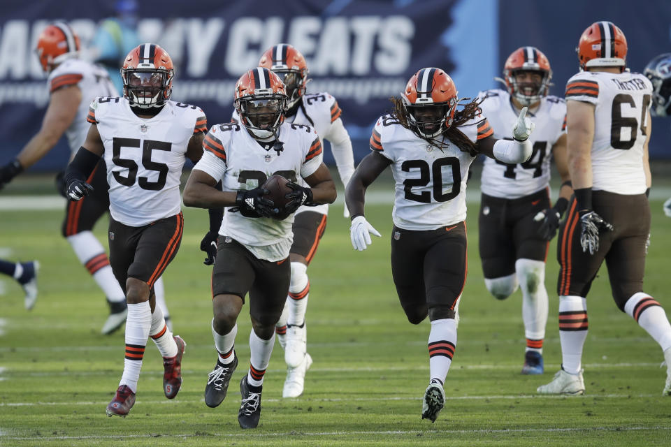 Cleveland Browns cornerback M.J. Stewart (36) celebrates after intercepting a pass against the Tennessee Titans in the second half of an NFL football game Sunday, Dec. 6, 2020, in Nashville, Tenn. (AP Photo/Ben Margot)