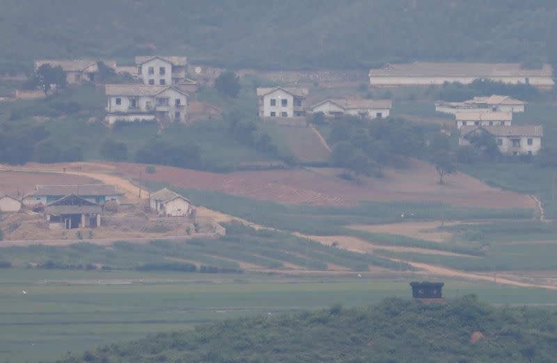 A North Korean guard post is seen in front of the North Korea's propaganda village Kaepoong, in this picture taken from the Unification Observation Platform, near the demilitarized zone which separates the two Koreas in Paju