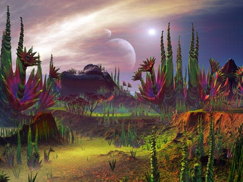 <span class="caption">Could an alien world look like this?</span> <span class="attribution"><a class="link " href="https://www.shutterstock.com/image-illustration/otherworldly-plant-life-growing-on-alien-125289035" rel="nofollow noopener" target="_blank" data-ylk="slk:Shutterstock;elm:context_link;itc:0;sec:content-canvas">Shutterstock</a></span>