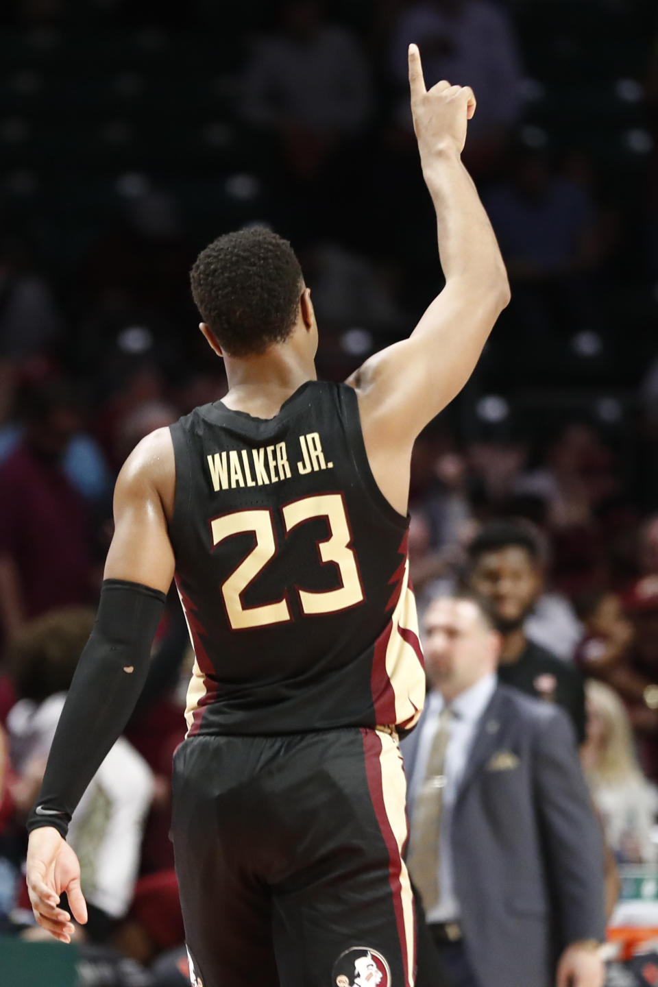 Florida State guard M.J. Walker (23) gestures after a win against Miami in an NCAA college basketball game on Saturday, Jan. 18, 2020, in Coral Gables, Fla. (AP Photo/Brynn Anderson)