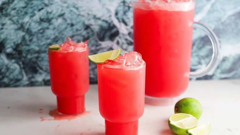 pitcher and glasses with watermelon juice