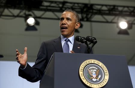 President Barack Obama addresses the 116th National Convention of the Veterans of Foreign Wars in Pittsburgh, Pennsylvania July 21, 2015. REUTERS/Kevin Lamarque