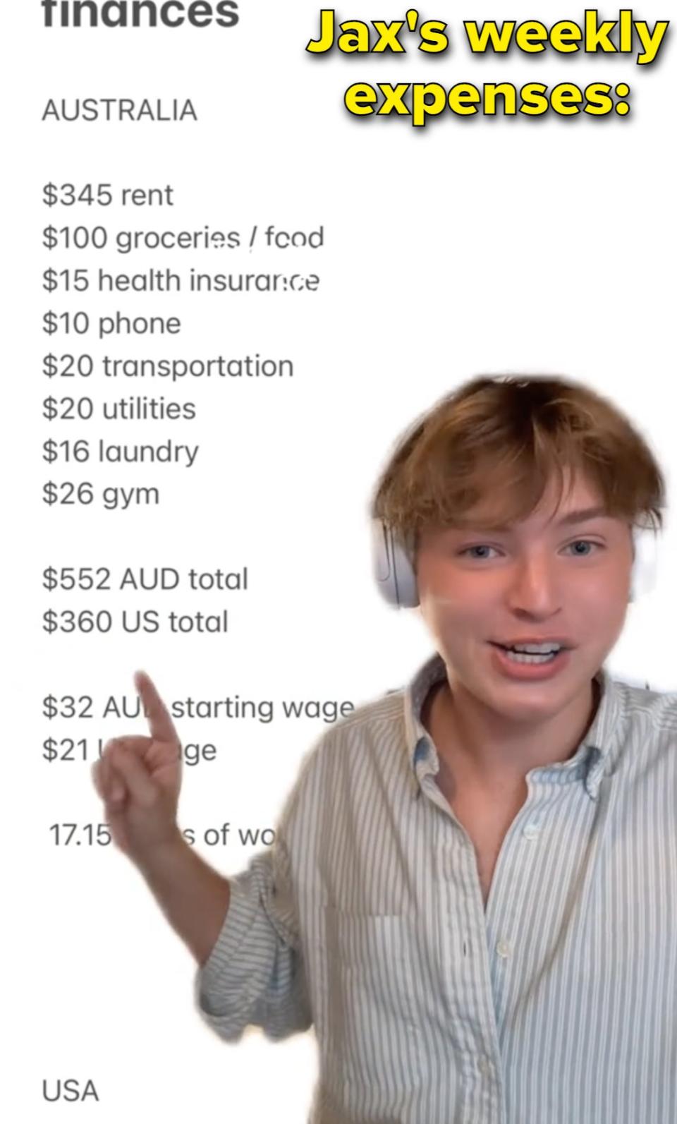 Person gesturing towards a screen showing a cost of living comparison between Australia and the USA